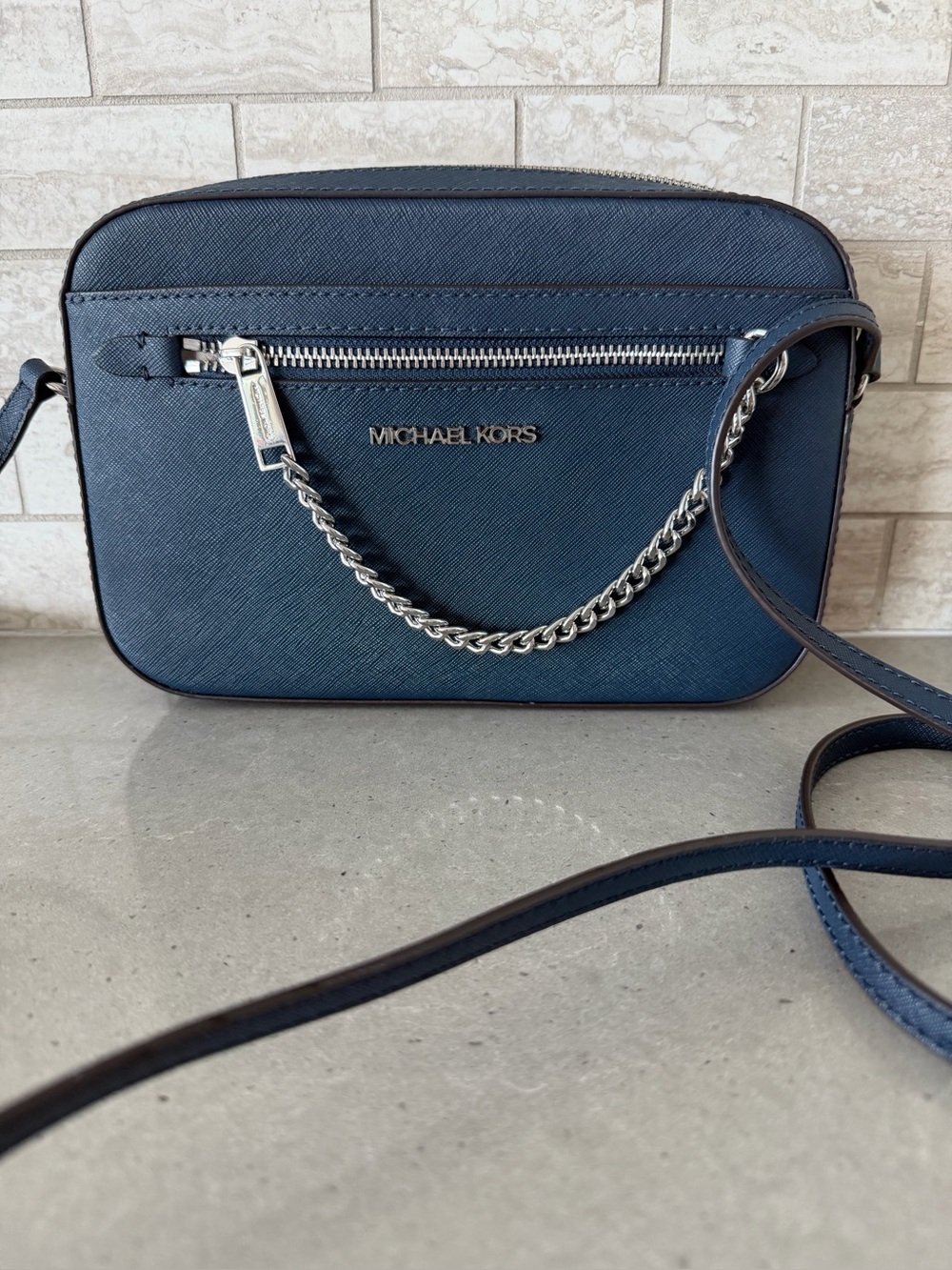 NWOT Michael Kors Navy Saffiano Crossbody with Silver Chain